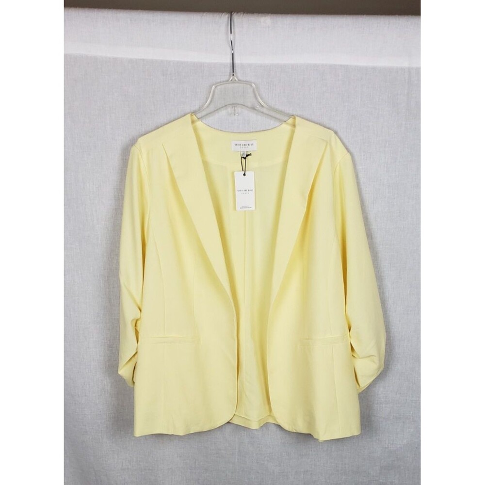 Skies Are Blue Curvy 3X Butter Yellow Blazer Jacket Ruched Sleeves Open Summer